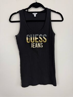 Guess Y2K Top Rhinestone Logo Tank Black Gold Rock n Roll Fitted Bidazzle Large